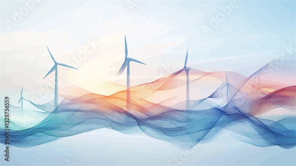 Fototapeta The image is a digital illustration depicting several wind turbines silhouetted against a background of flowing, abstract waves.  The waves are rendered in shades of blue, orange, and pink,