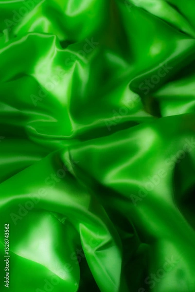 Fototapeta Vibrant green silky fabric with smooth folds and glossy texture. Ideal for luxury fashion, textile design, branding, nature-inspired themes, digital art, and eco-friendly product backgrounds