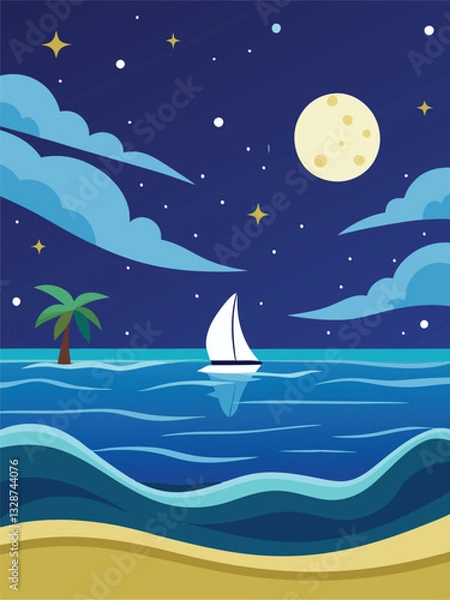 Fototapeta Nighttime Sailboat Scene with a Palm Tree and Moon vector design