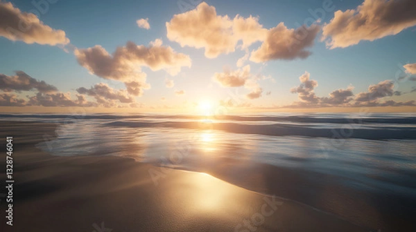 Fototapeta Golden Sands at Sunset: Tranquil Beach and Ocean Waves at Twilight