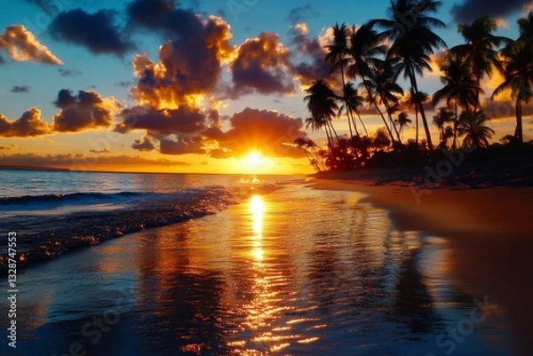 Fototapeta A sunset over the ocean, where waves glisten in golden light. Generative AI