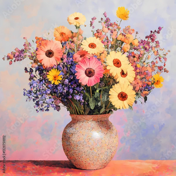 Fototapeta Colorful wildflower bouquet in ceramic vase with soft pastel backdrop