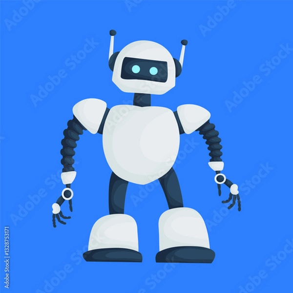 Fototapeta A friendly cartoon-style robot with a white and black body, smiling face, and flexible arms, standing against a bright blue background.