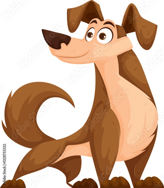 Fototapeta Cheerful cartoon-style illustration of a brown dog standing with a happy expression, wagging tail, and large expressive eyes in a playful pose.