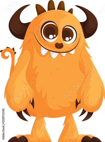 Fototapeta Adorable cartoon-style orange furry monster with big round eyes, curved horns, small spikes, a curly tail, and a friendly toothy smile.