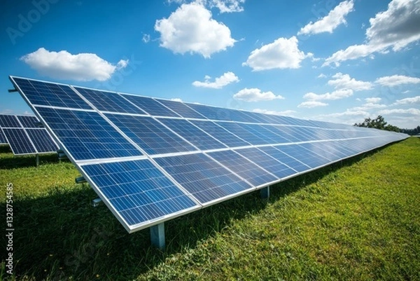 Fototapeta Solar Panel Array Under a Blue Sky: Clean Energy Farm with photovoltaic panels, renewable resource generation, sustainable technology on green field, and fluffy clouds.