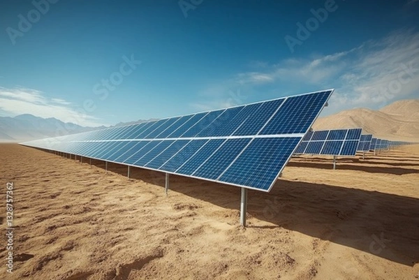 Fototapeta Solar Power in the Desert: A sprawling solar panel farm glistens under a clear blue sky, generating clean, renewable energy in a barren desert landscape.