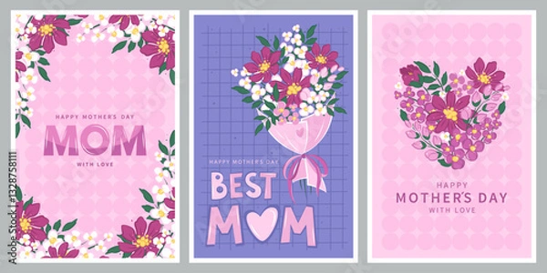 Fototapeta Happy Mother's Day card set, Spring summer floral design. For the best mom inscription. Vector illustration for banner, poster, label, template or cover with flowers frame. 