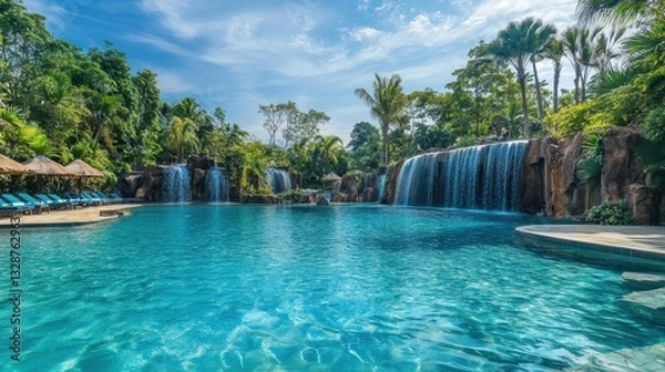 Fototapeta Of a Vibrant tropical resort with a large lagoon-style swimming pool, waterfalls, and floating sun loungers