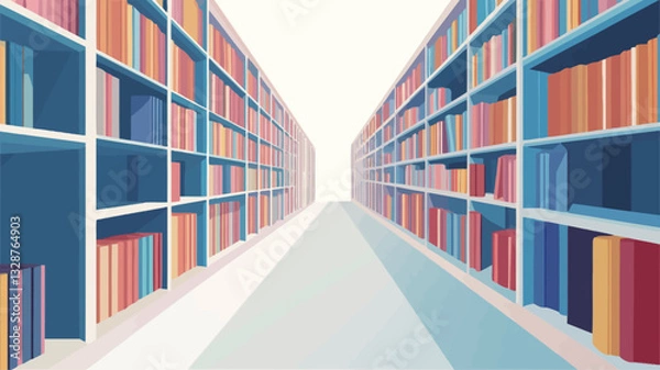 Fototapeta The image depicts a stylized illustration of two rows of bookshelves extending into the distance, creating a vanishing point effect against a bright white background. The bookshelves are a muted