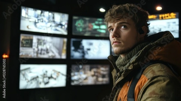 Obraz Man with backpack observing a wall of television screens in a modern indoor setting