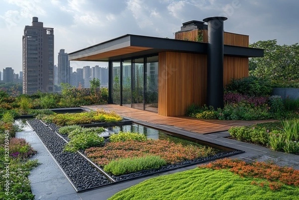 Fototapeta Rooftop Oasis: Modern Pavilion Nestled in Lush Garden with City Skyline Backdrop, Featuring Reflecting Pools, Wood Decking and Diverse Plantings creating an Urban Sanctuary.