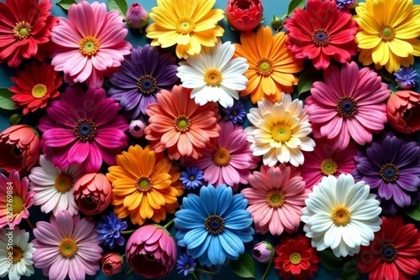 Obraz Assortment of various colored flowers creating a beautiful floral pattern, top view, nature
