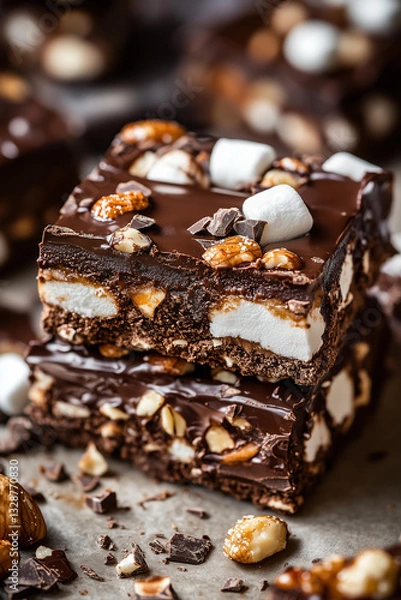Fototapeta Close-up of indulgent chocolate rocky road bars filled with crunchy nuts, fluffy marshmallows, and crisp chocolate layers, set against a muted pastel beige background 