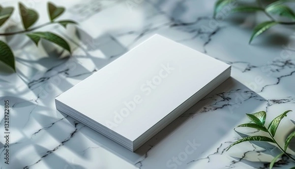 Obraz A white book is on a marble countertop with a leafy green plant on the right sid