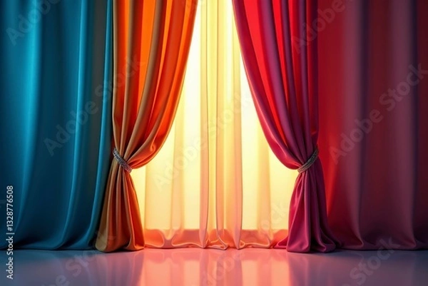 Fototapeta Curtain unveils vibrant hues, abstract backdrop, soft light; a moment of discovery and transformation.