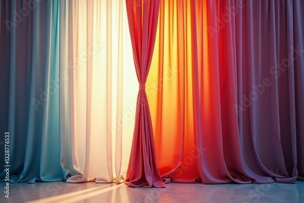 Fototapeta Curtain unveils vibrant hues, abstract backdrop, soft light; a moment of discovery and transformation.