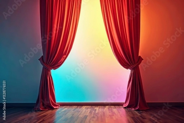 Fototapeta Curtain unveils vibrant hues, abstract backdrop, soft light; a moment of discovery and transformation.