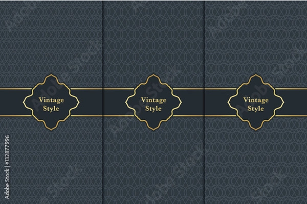 Fototapeta Vintage pattern on black background. Seamless pattern with golden frame for design in retro style. Universal pattern for wallpapers, textile, fabric, wrapping paper, packaging box etc