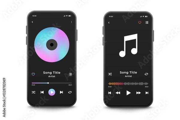 Fototapeta Music player mobile app interface template, vector illustration.