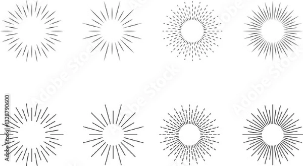 Fototapeta Vintage sunburst set. Bursting rays sunrise firework starburst blast, Radiant Spark. Rays. Geometric Design Elements. Retro radiant sunburst, starburst hand drawn label, sun rays.