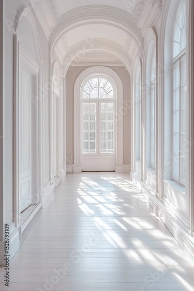 Fototapeta Elegant White Hallway with Arches and Windows