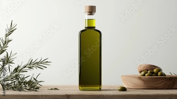 Fototapeta Bottle of olive oil on a wooden table. the bottle is tall and cylindrical with a cork stopper on top. it is filled with a golden-green liquid, which appears to be olive oil.