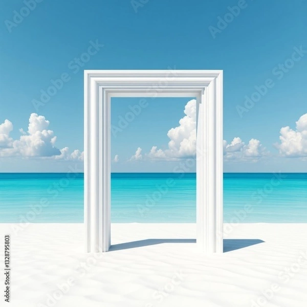 Fototapeta Minimalist White Door Frame on Endless Beach, 3D Render, Conceptual Minimalism, Vaporwave, 4K, Freedom, Possibility, Copy Space