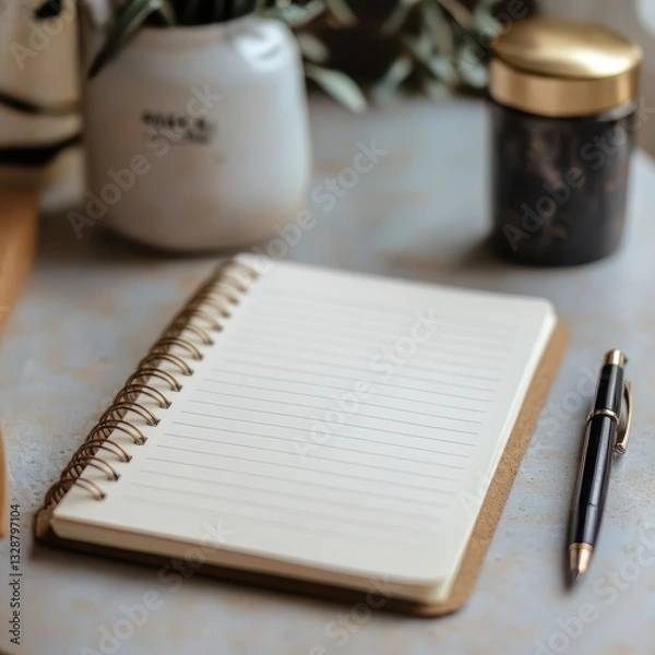 Fototapeta Cozy Workspace with Notepad, Pen, and Decorative Elements