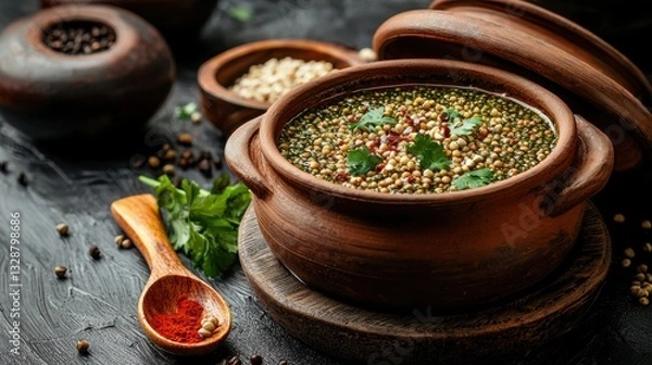 Fototapeta Clay pot with a lid on top, filled with a green lentil soup. the pot is placed on a wooden plate with a wooden spoon next to it.