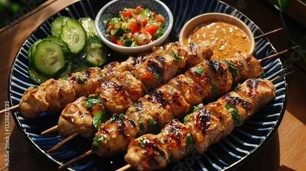 Fototapeta Grilled Chicken Skewers with Fresh Vegetables and Dipping Sauce Well Presented on a Blue Plate for Culinary Inspiration