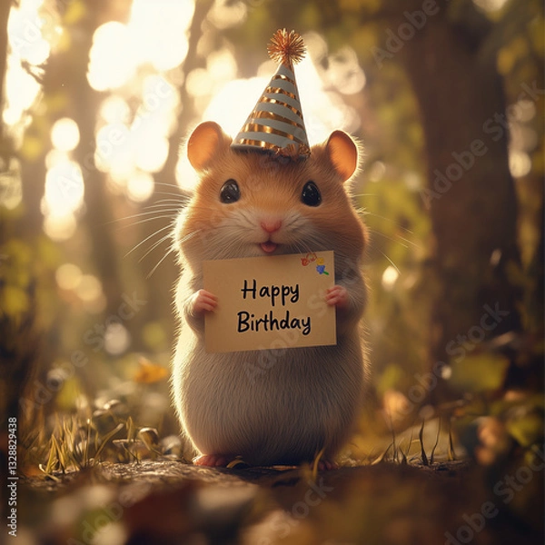 Fototapeta A hamster in the forest, holding a happy birthday card.