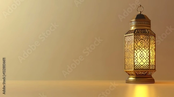 Fototapeta A glowing decorative lantern is placed on a reflective surface