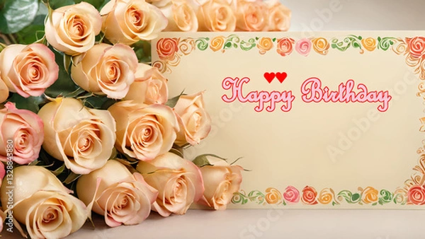 Obraz Happy birthday greeting card with a heartwarming bouquet of white rose.
