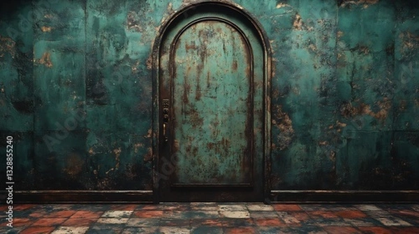 Fototapeta Mysterious Teal Room Aged Doorway Intriguing Composition. AI Generated