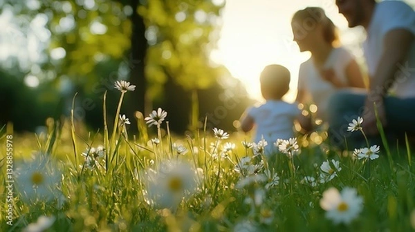 Fototapeta A blurred image of a family sitting in a sunlit field with white flowers in the foreground surrounded by greenery and sunlight.