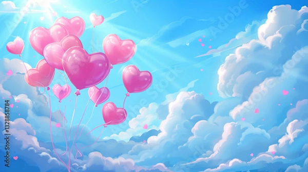 Fototapeta Heart-shaped balloons float serenely in a bright blue sky with fluffy clouds and soft sunlight shining down