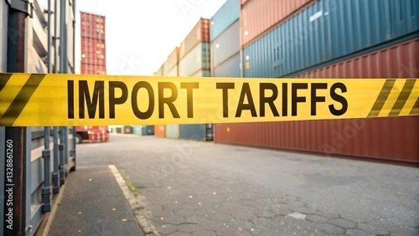 Fototapeta USA, United states of America Import Tariffs: A symbolic depiction of import tariffs with caution tape in front of a stack of shipping containers, representing the impact on trade and economy