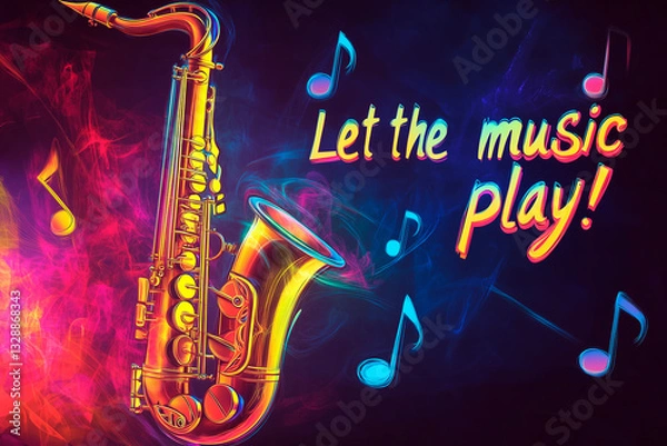 Fototapeta vibrant jazz club, golden saxophone, colorful music notes in the air, neon retro feel, text:"Let the music play!"