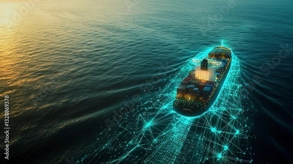 Fototapeta Container ship on ocean lit with digital network lines