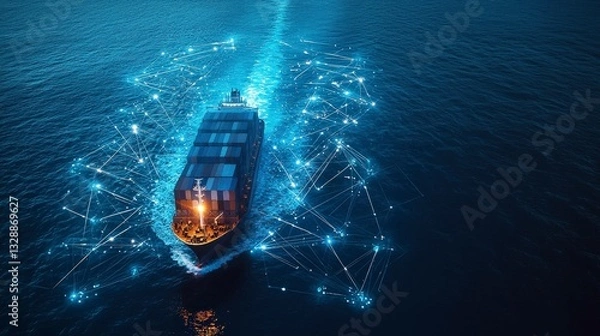 Fototapeta Freight ship journeys through ocean with tech visuals