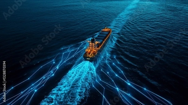 Fototapeta Illuminated ship with futuristic network on water