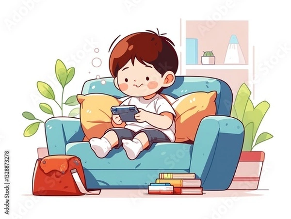 Obraz Child Playing Video Game on Sofa  Home Relaxation  Cute Cartoon