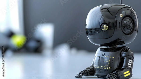 Fototapeta A Shiny Black Robot Sitting With Yellow Illumination Details