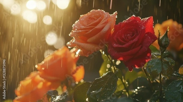 Fototapeta A high-angle shot of red and orange roses in a garden after the rain, the water droplets on the petals reflecting the natural light.