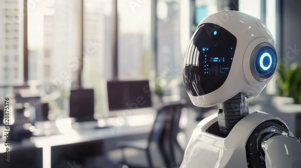 Fototapeta A futuristic personal assistant robot, office with robot performing tasks like organizing and filing, Home-tech style