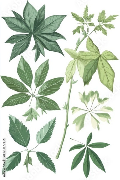Fototapeta Detailed illustration of Fatsia japonica showcasing various plant parts and leaf structures