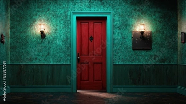 Fototapeta Mysterious and Vibrant Red Door at Night in a Green Wall Hallway with Dramatic Lighting Creating an Eerie Atmosphere for Creative Use