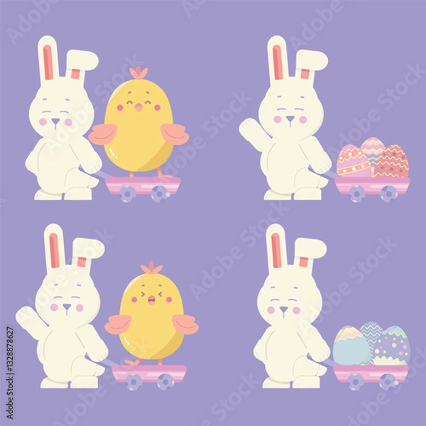 Fototapeta Easter Bunny with Cart to bring Easter Egg and a cute Chick for Design Elements