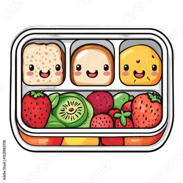Obraz Cute bento box with smiling sandwiches and colorful fruits on white background isolated on white or transparent png